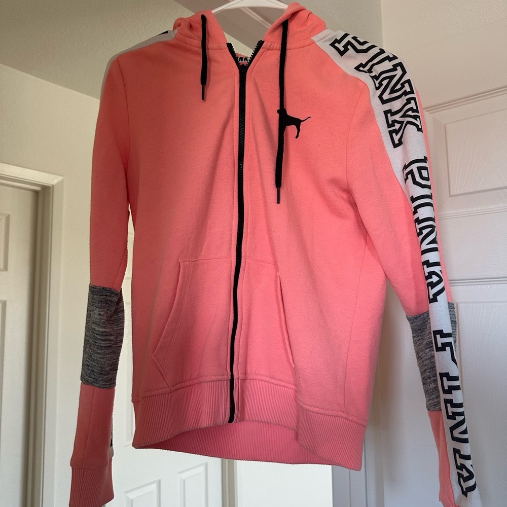 PINK Victoria's Secret Coral Hoodie with Black and Gray Details